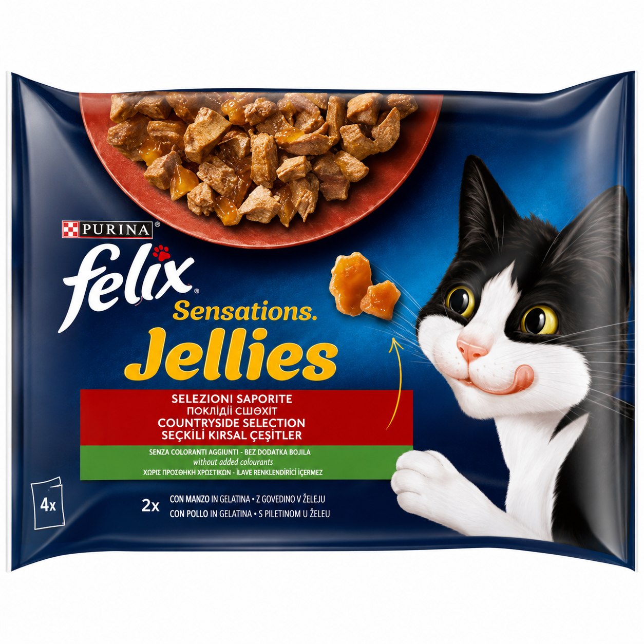 Felix Sensations Jellies Ποικιλία Εξοχής με Βοδινό & Ντομάτα / Κοτόπουλο & Καρότο σε Ζελέ 4x85g Petit Palace
