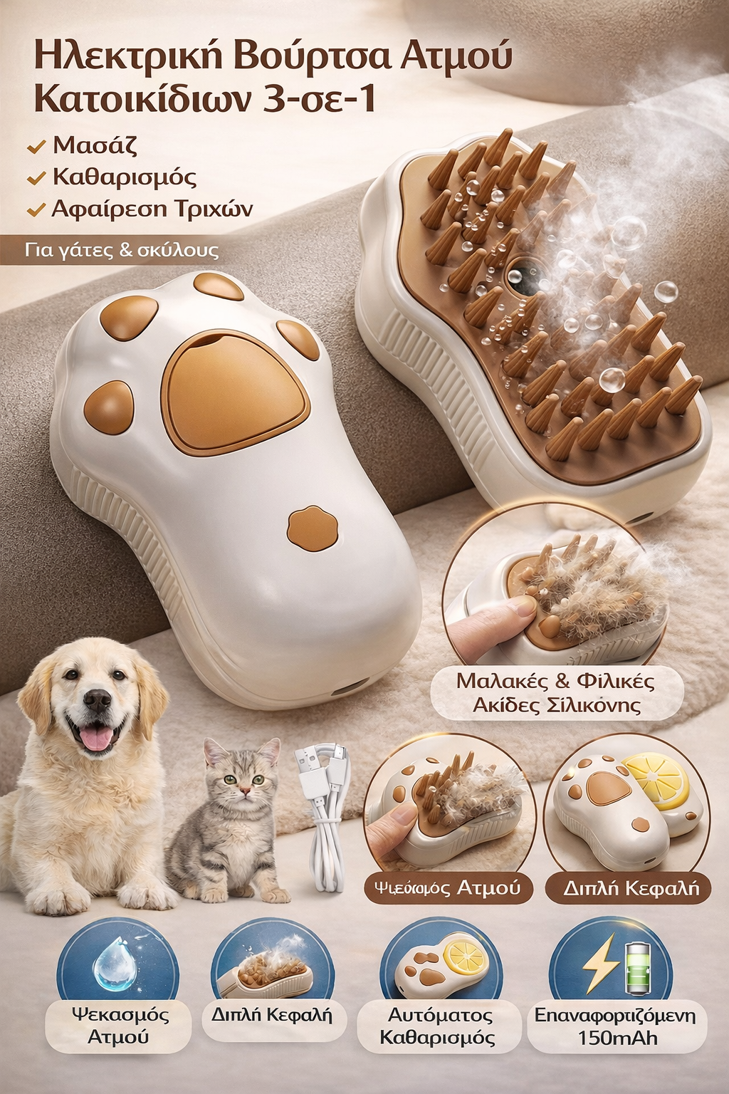 Ηλεκτρική Βούρτσα Ατμού Κατοικίδιων 3-σε-1 – Μασάζ, Καθαρισμός & Αφαίρεση Τριχών για Γάτες & Σκύλους (150mAh) Petit Palace