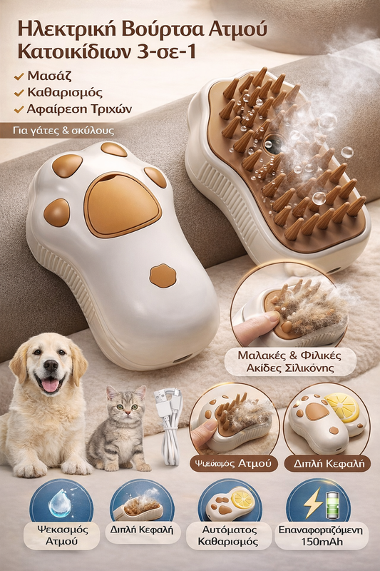 Ηλεκτρική Βούρτσα Ατμού Κατοικίδιων 3-σε-1 – Μασάζ, Καθαρισμός & Αφαίρεση Τριχών για Γάτες & Σκύλους (150mAh) Petit Palace