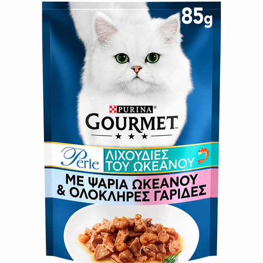 Gourmet Perle Λιχουδιές του Ωκεανού με Ψάρια Ωκεανού & Ολόκληρες Γαρίδες 85g Petit Palace