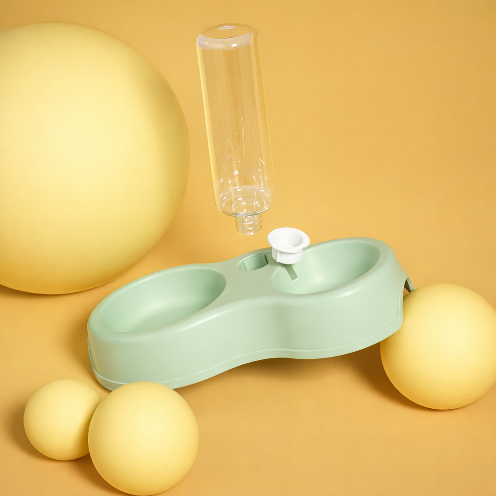 Πλαστικό Διπλό Μπολ με Μπουκάλι Νερού | Pet Water Dispenser Cat Bowl Feeder Petit Palace