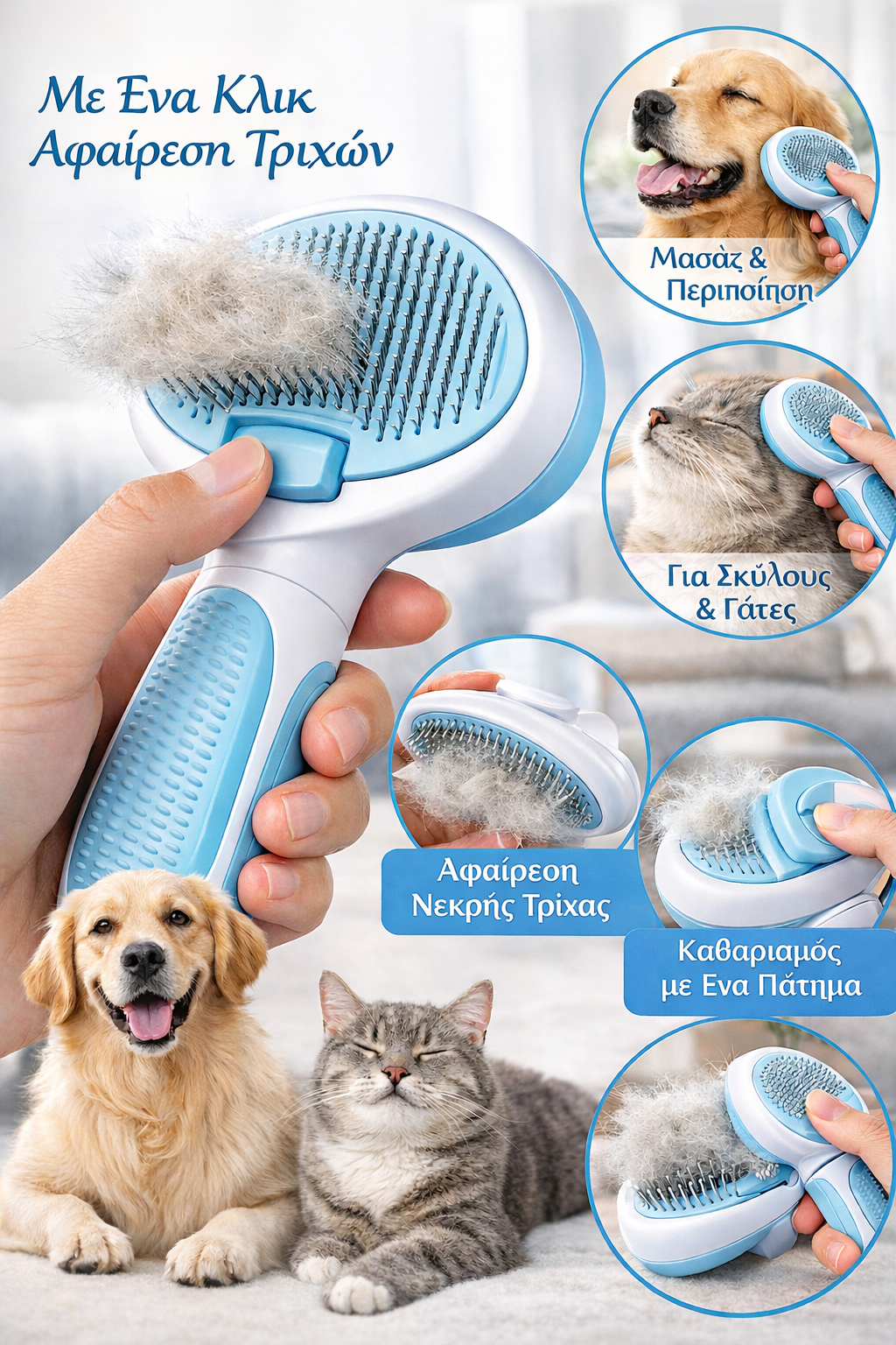 Χτένα Μασάζ Κατοικίδιων με Κουμπί Αφαίρεσης Τριχών – Βούρτσα Περιποίησης & Αποτρίχωσης για Σκύλους και Γάτες Petit Palace