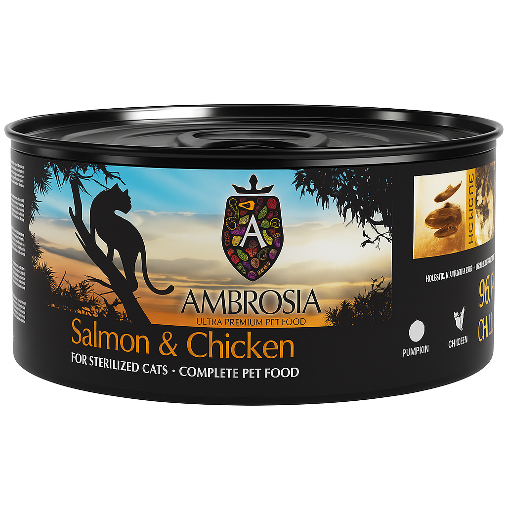 Ambrosia Υγρή τροφή με κοτόπουλο και σολομό για στειρωμένες γάτες και γατάκια χωρίς σιτηρά 150gr Petit Palace