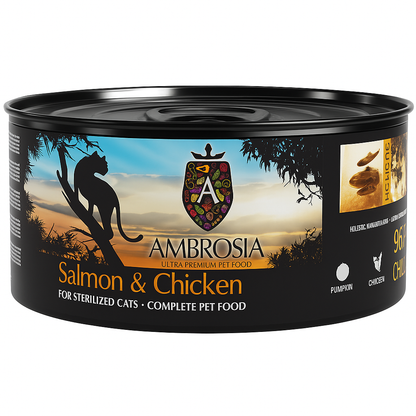 Ambrosia Υγρή τροφή με κοτόπουλο και σολομό για στειρωμένες γάτες και γατάκια χωρίς σιτηρά 150gr Petit Palace