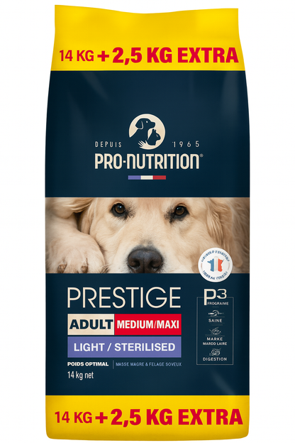 Pro-Nutrition Prestige Adult Medium/Maxi Light/Sterilised για Ενήλικους Στειρωμένους Σκύλους 3kg / 15kg / 15+3kg Petit Palace