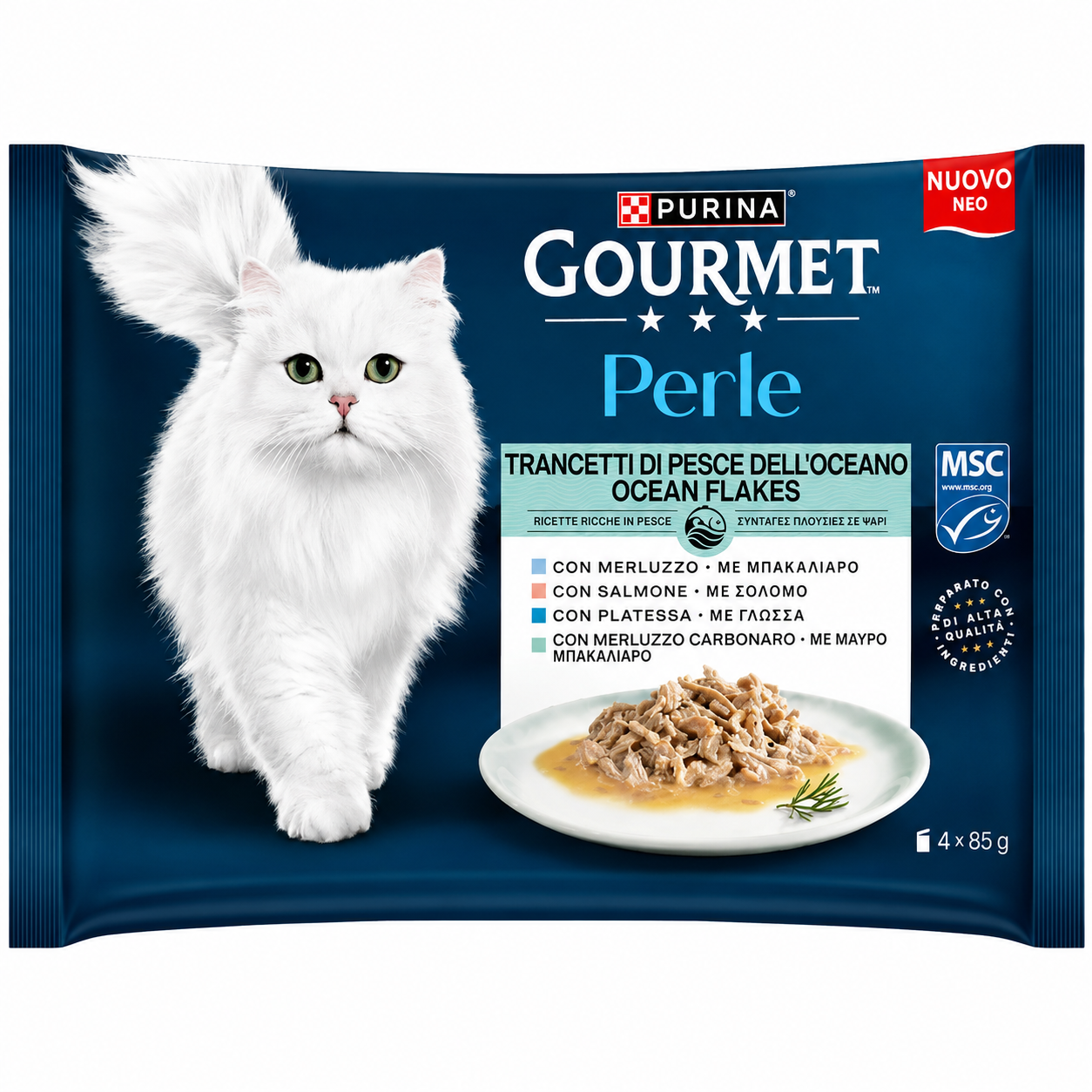 Gourmet Perle Πολυσυσκευασία Φιλετάκια σε Σάλτσα με Μπακαλιάρο, Σολομό, Γλώσσα & Γάδο 4x85g Petit Palace