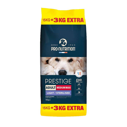 Pro-Nutrition Prestige Adult Medium/Maxi Light/Sterilised για Ενήλικους Στειρωμένους Σκύλους 3kg / 15kg / 15+3kg